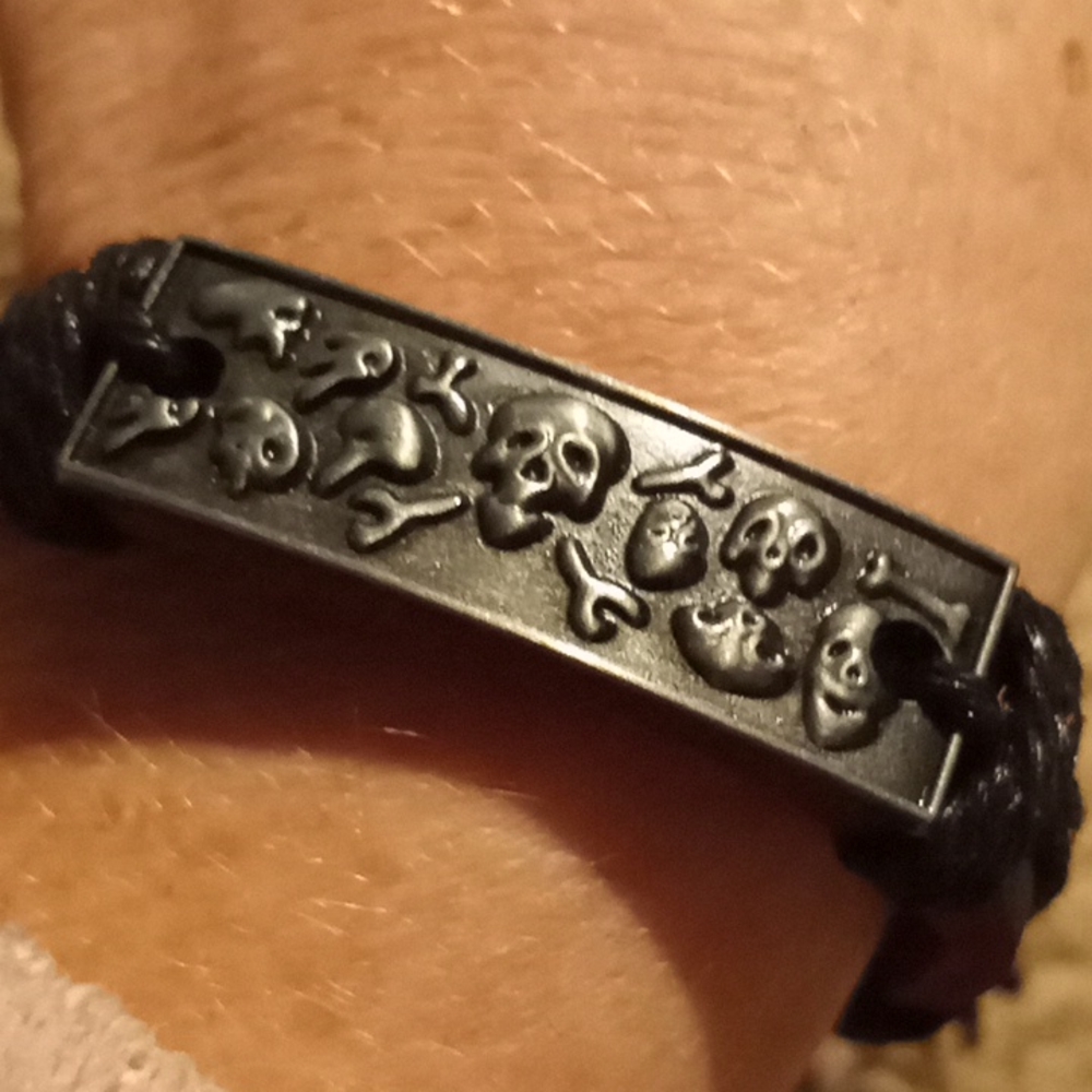 Genuine Leather Skull and Bones Bracelet.